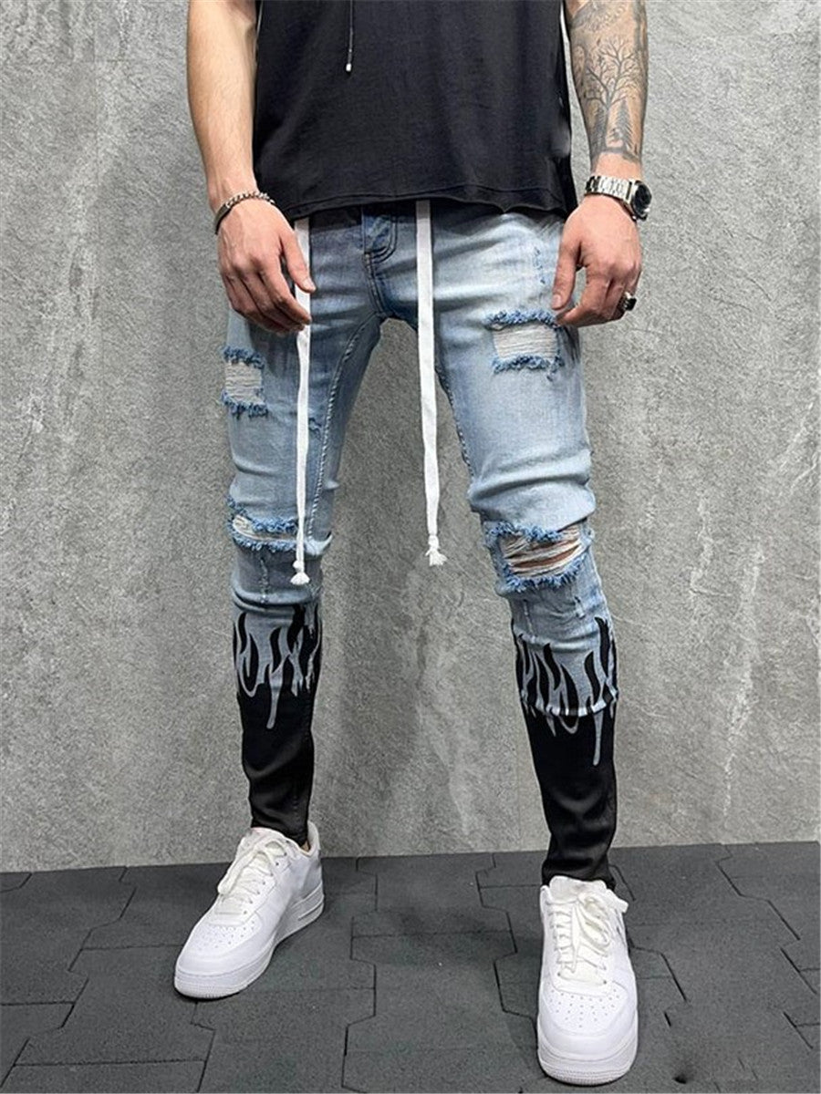 Pinpoint oxiderer cricket LONGBIDA Ripped Jeans Slim Fit Mens Fashion Flame Print Casual Drawstr