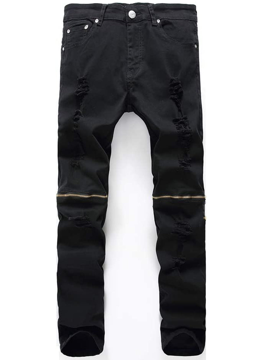 Washed Ripped Jeans Zippered Men's Casual Trousers  Ripped jeans style, Black  jeans men, Mens trousers casual