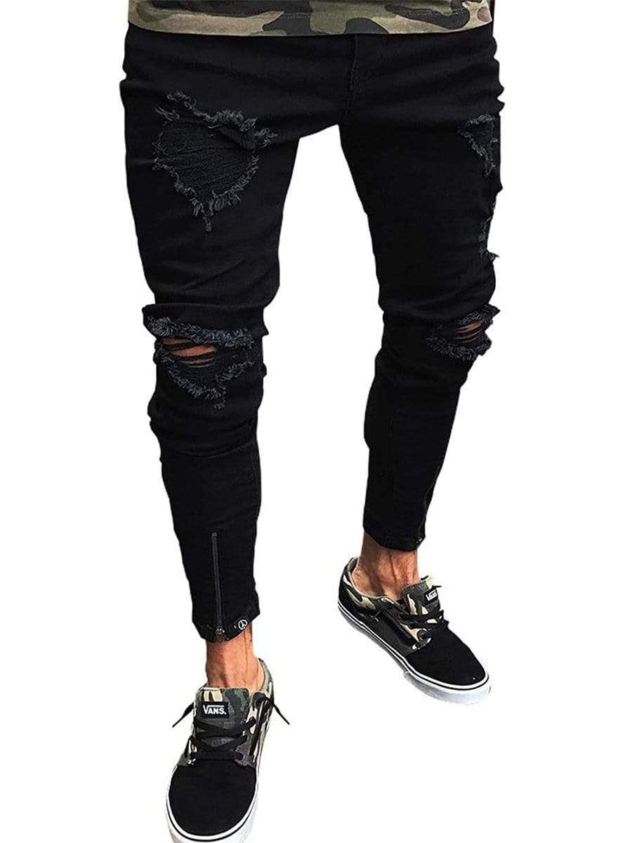 The Native Men's Distressed Denim Jeans Blue Pants Destroyed Knees Slim Fit Ankle  Zippers
