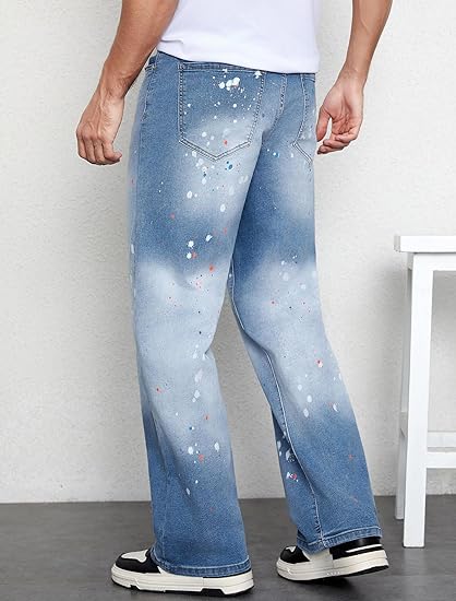 LONGBIDA Men's Loose Fit Straight Leg Jeans Splashed Ink Design Stretch Casual Denim Pants