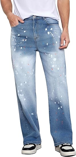 LONGBIDA Men's Loose Fit Straight Leg Jeans Splashed Ink Design Stretch Casual Denim Pants