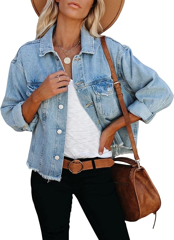 LONGBIDA Women's Jean Jacket Frayed Washed Button Up Cropped Denim Jacket With Pockets