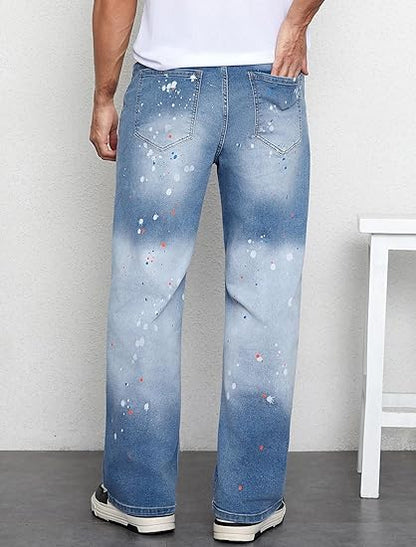 LONGBIDA Men's Loose Fit Straight Leg Jeans Splashed Ink Design Stretch Casual Denim Pants