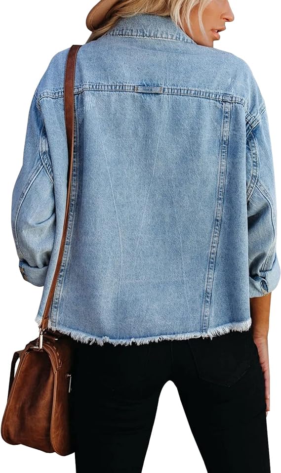 LONGBIDA Women's Jean Jacket Frayed Washed Button Up Cropped Denim Jacket With Pockets