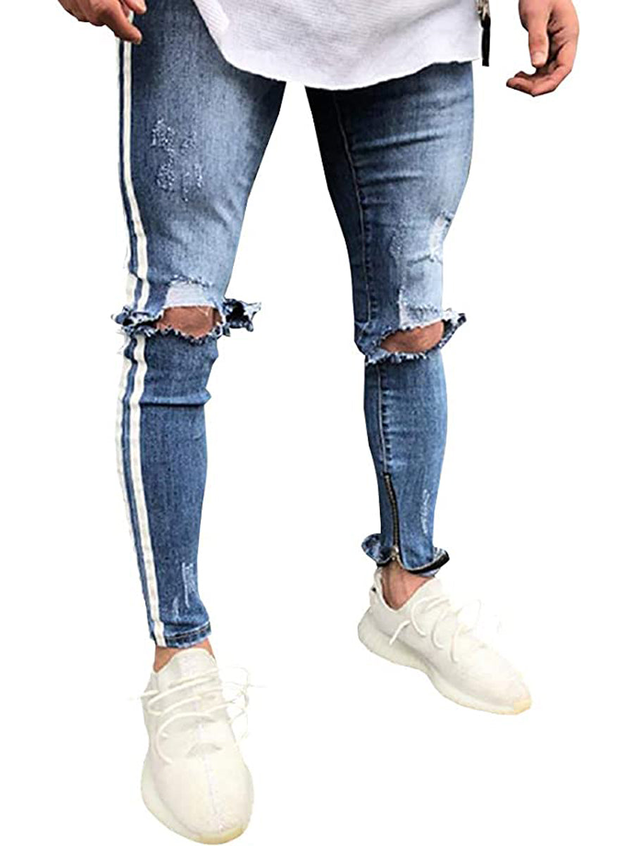 LONGBIDA Destroyed Striped Ankle Zipper Pants Men Ripped Jeans Slim Sk