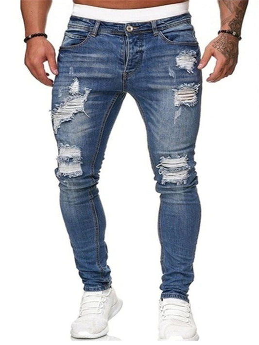 2021 Mens Light Blue Ripped Jeans Slim Fit Pants Mid Waist Straight-leg  Trousers