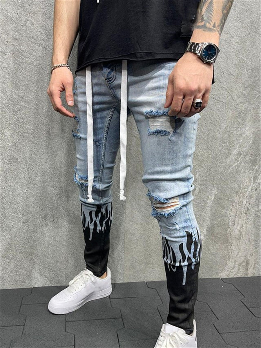 LONGBIDA Ripped Jeans Slim Fit Mens Fashion Flame Print Casual Drawstr