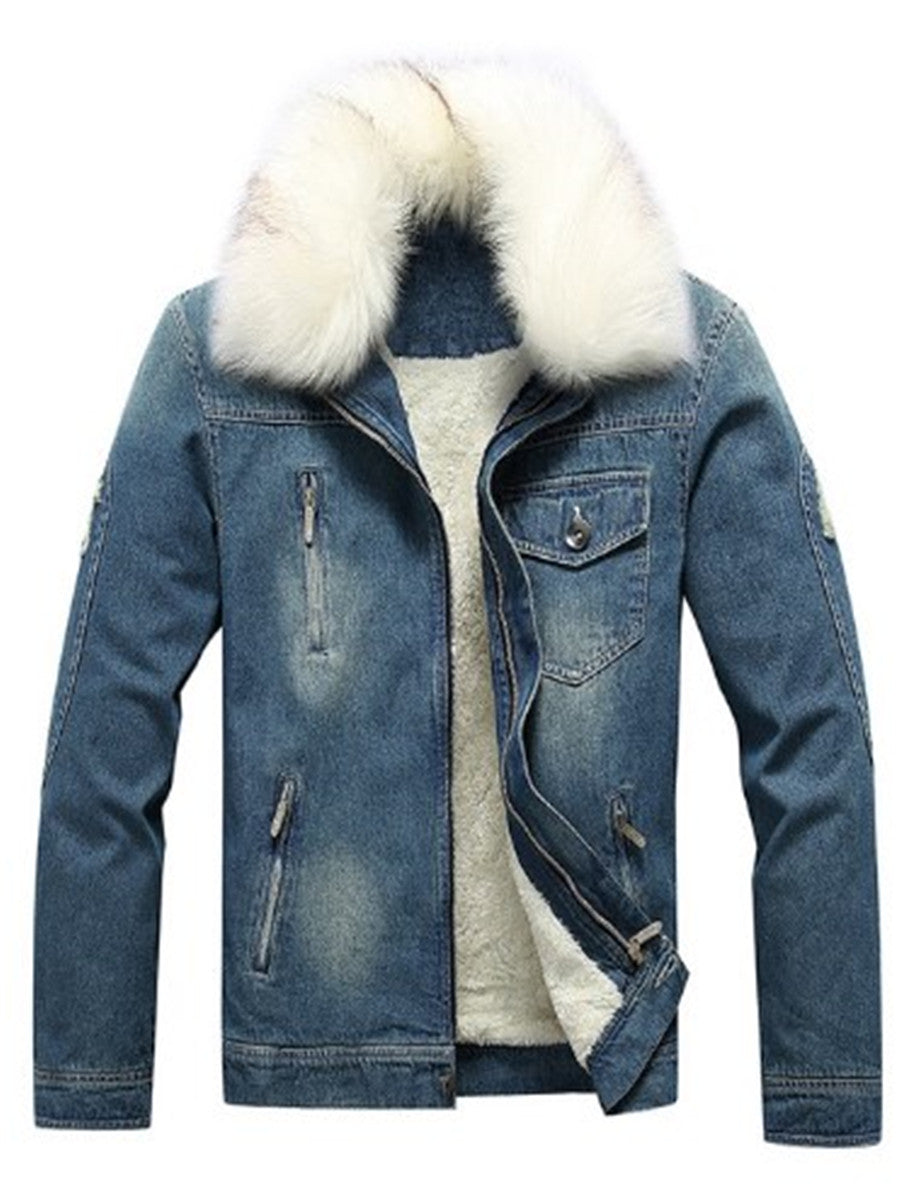 Mens denim coat with fur collar best sale