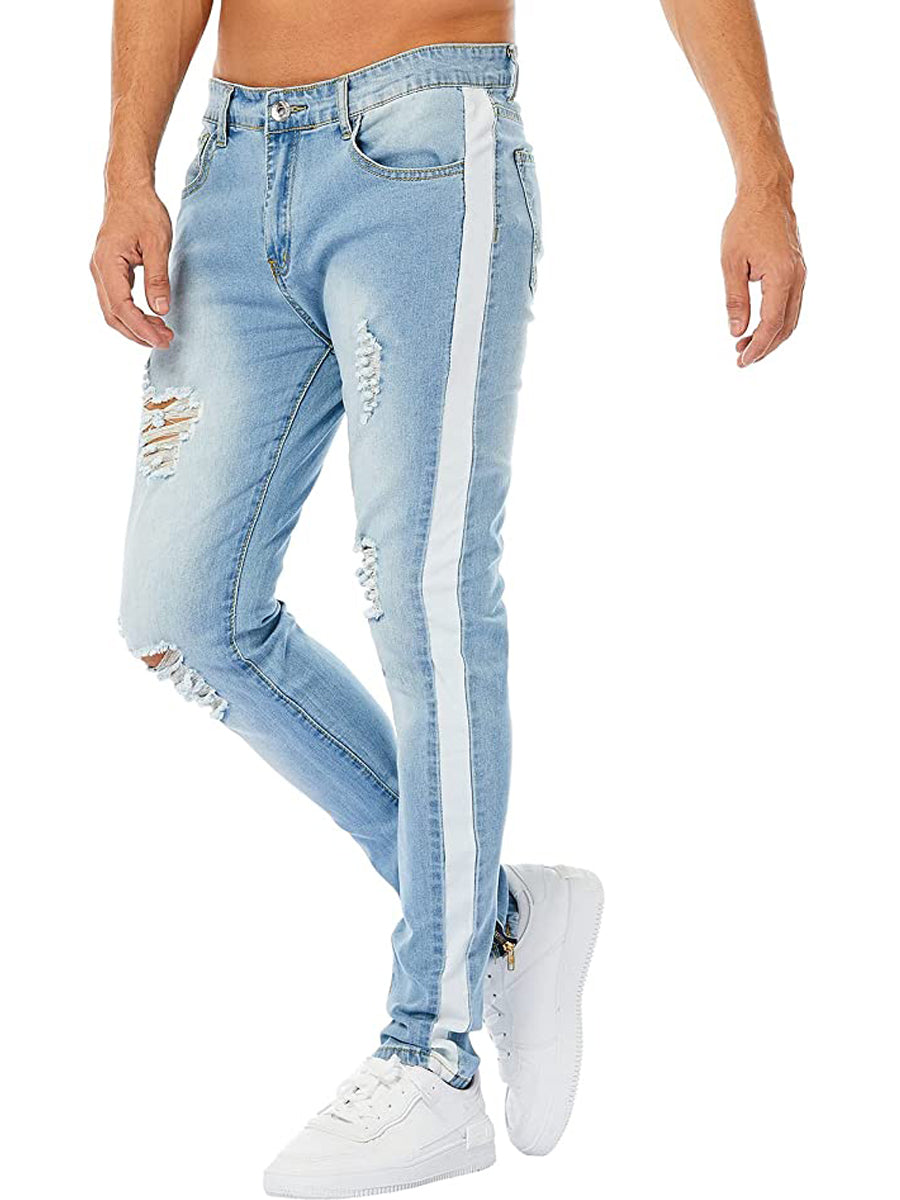 Men Ripped Jeans Slim Straight Fit Denim Jeans Denim Pants With Holes  (36,Light Blue)