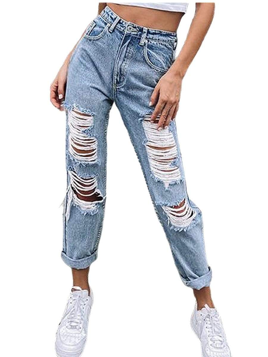 Women High Waist Skinny Stretch Ripped Jeans Desed Denim Pants Xl