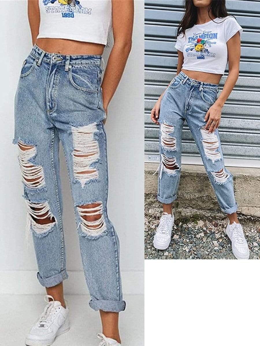 Women's Street Style Denim Cargo Pants With Multiple Pockets And Ripped  Details