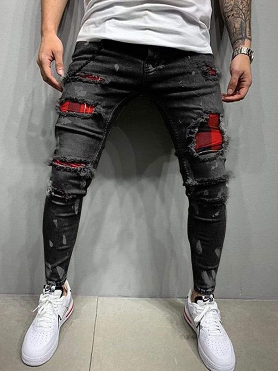 Men's Slim Fit Stretch Pants Ripped Black Jeans With Floral Rose Embroidery  - Black - C21882DYNK5 | Outfit ideen, Jeans kombinieren, Outfit