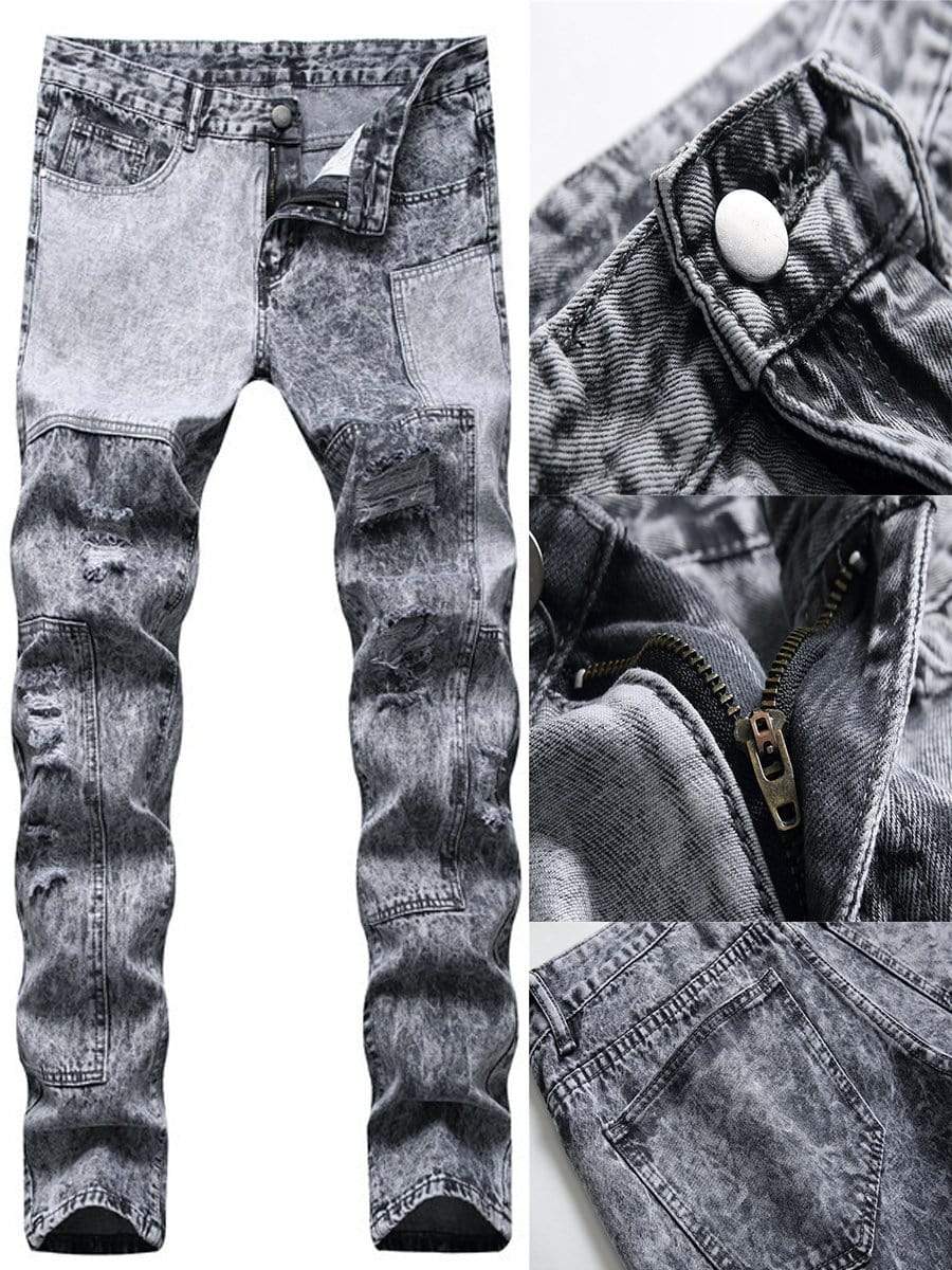LONGBIDA Street Fashion Casual Men Ripped Jeans Straight Leg Patchwork